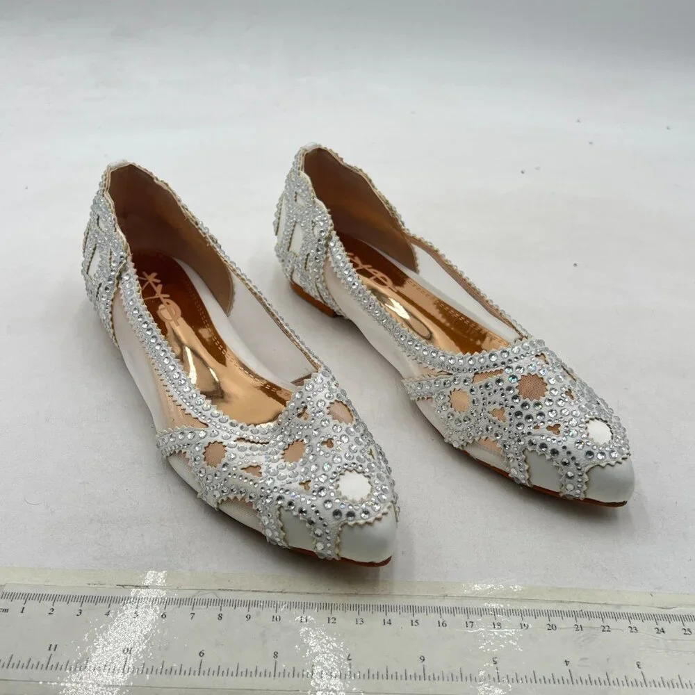 XYD White Pointed Toe Rhinestone Flats Mesh Slip-on Crystals Wedding Bride Shoes - Picture 4 of 8